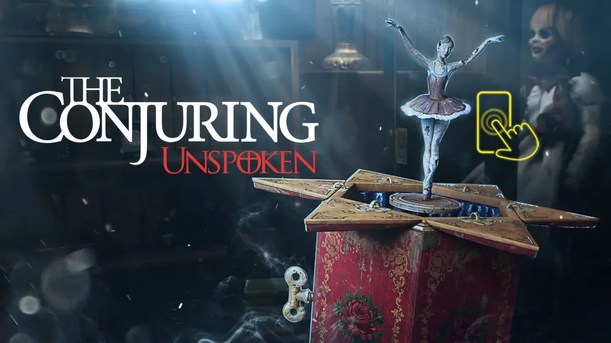 The Conjuring: Unspoken logosu, balerinli müzik kutusu ve telefon kontrol simgesi