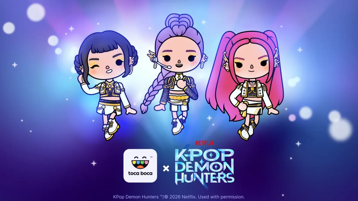 Toca Boca World tarzındaki üç HUNTR/X karakteri ve KPop Demon Hunters logosu