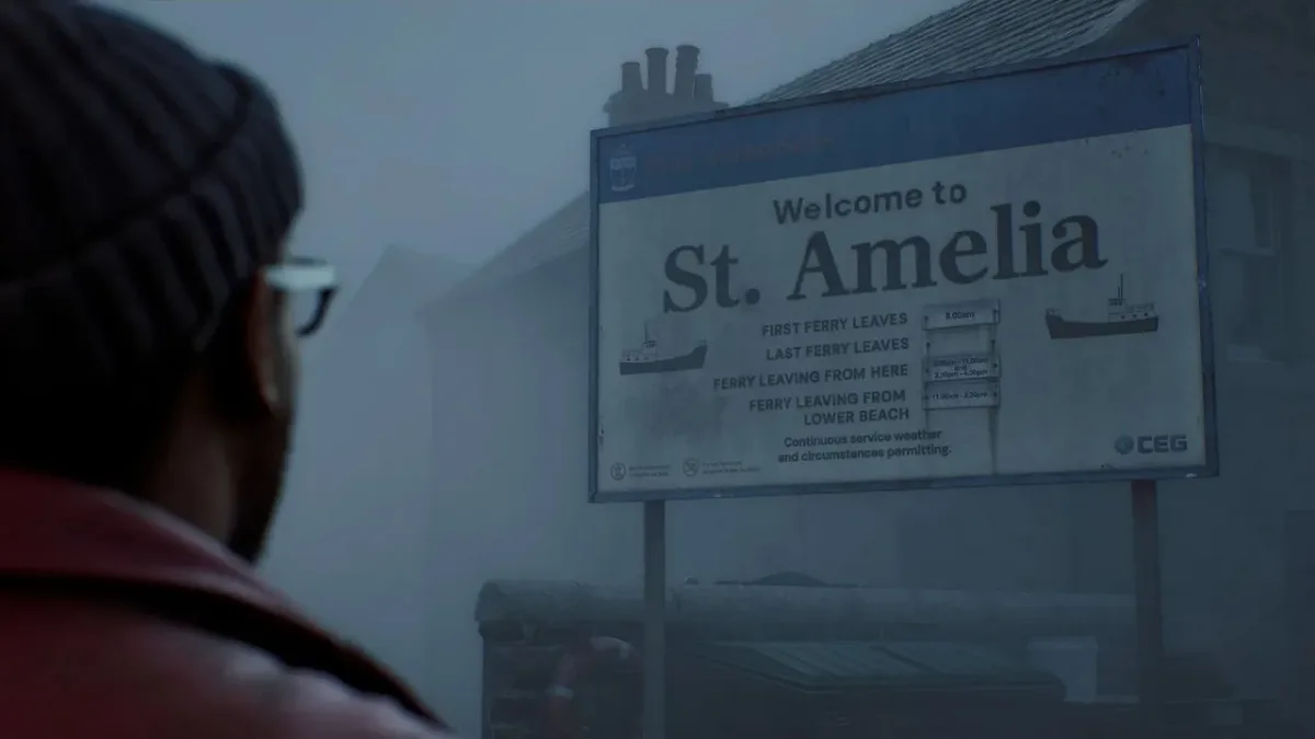 Silent Hill: Townfall’da sisli St. Amelia tabelasına bakan karakter
