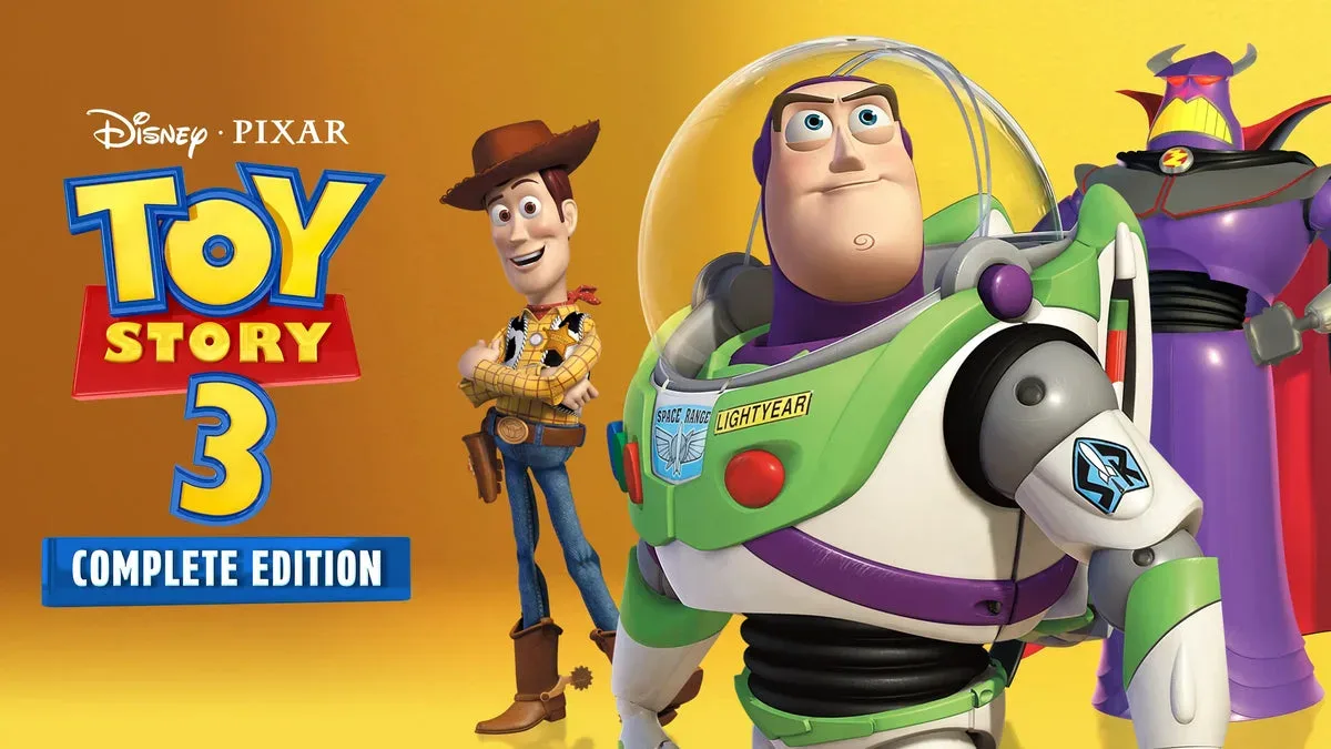 Toy Story 3 Complete Edition logosunun yanında Woody, Buzz Lightyear ve Zurg