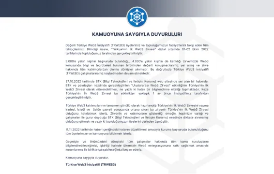 Türkiye Web3 İnisiyatifi'nden Türkiye'nin İlk Web3 Zirvesi Açıklaması