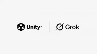 Beyaz zemin üzerinde Unity ve Grok logoları