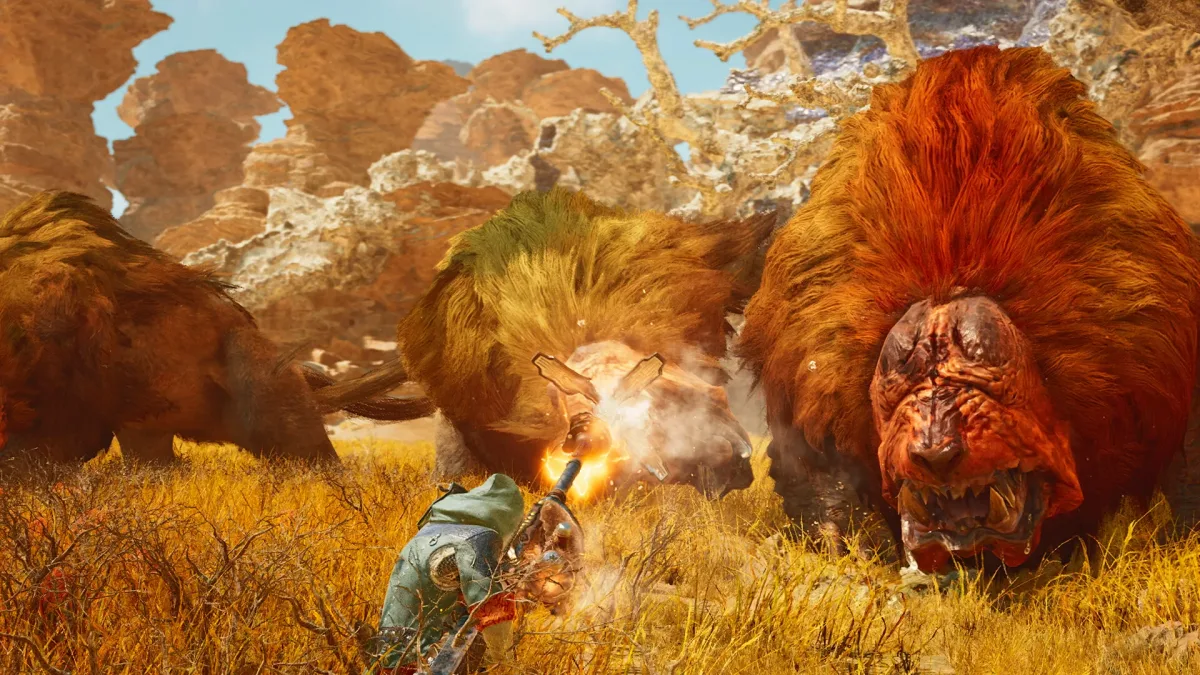 Monster Hunter Wilds’ta bir avcı Doshaguma sürüsüne karşı savaşıyor