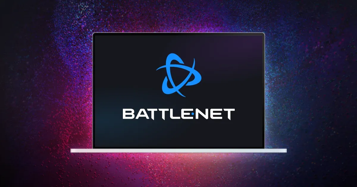 Mor ve mavi arka plan önündeki dizüstü bilgisayarın ekranında Battle.net logosu