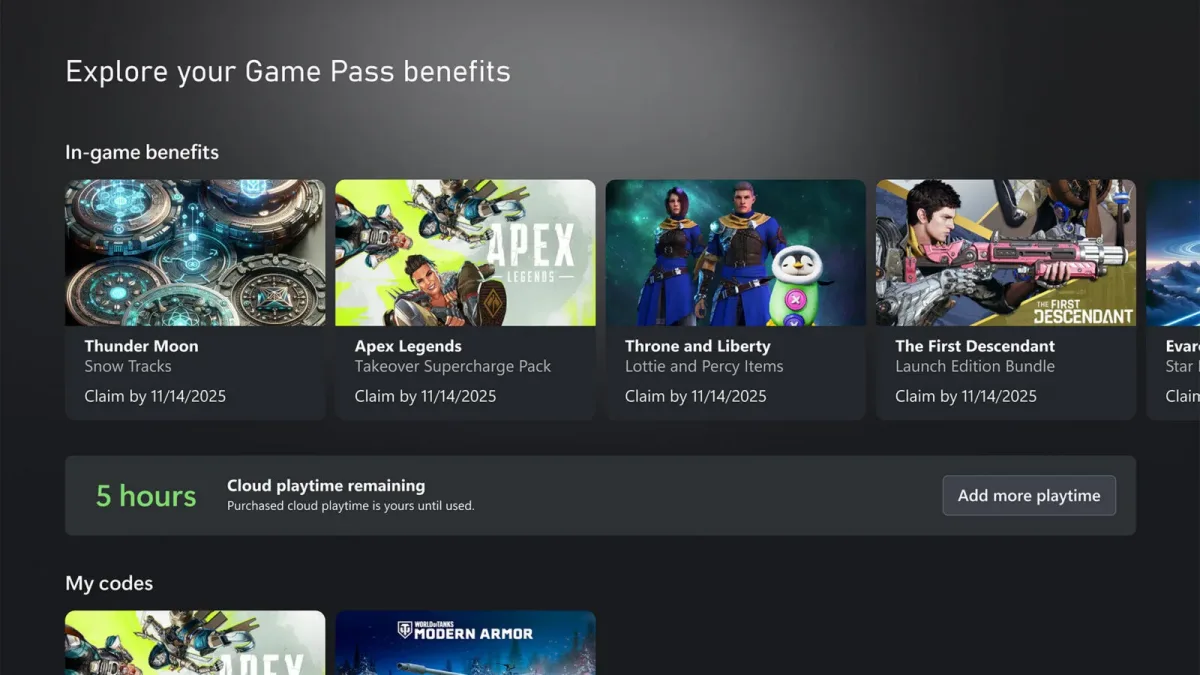 Xbox arayüzünde kalan bulut oyun süresi ve süre ekleme düğmesi