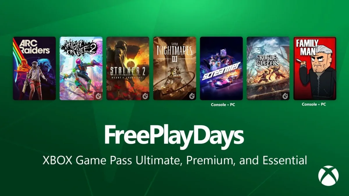 Yeşil Xbox Free Play Days görselinde ARC Raiders, High On Life 2, S.T.A.L.K.E.R. 2, Little Nightmares III, Screamer, Rogue Waters ve Family Man kapakları