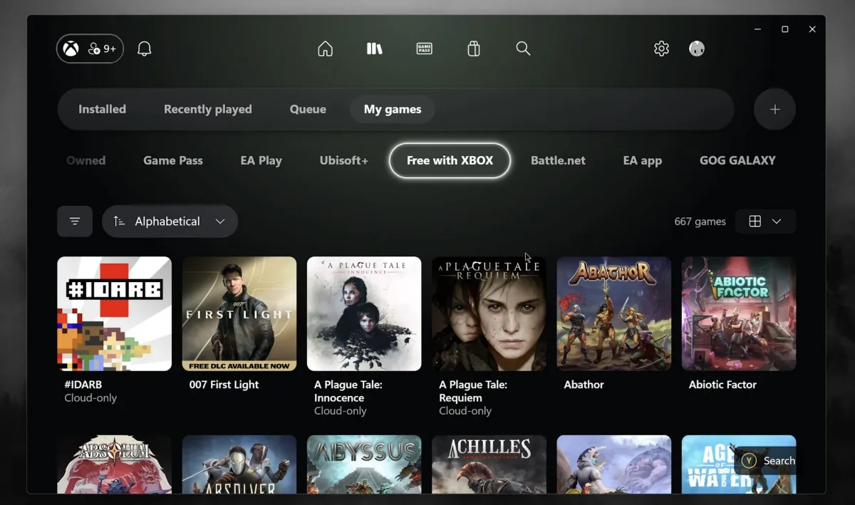 Xbox PC uygulamasının Garrison arayüzünde oyun kütüphanesi