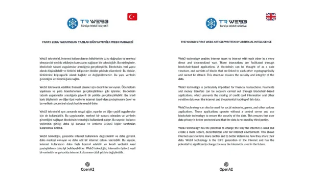 TRWEB3 Yapay Zeka Tarafından Yazılan Dünya'nın İlk Türkçe Web3 Makalesini Yayımladı