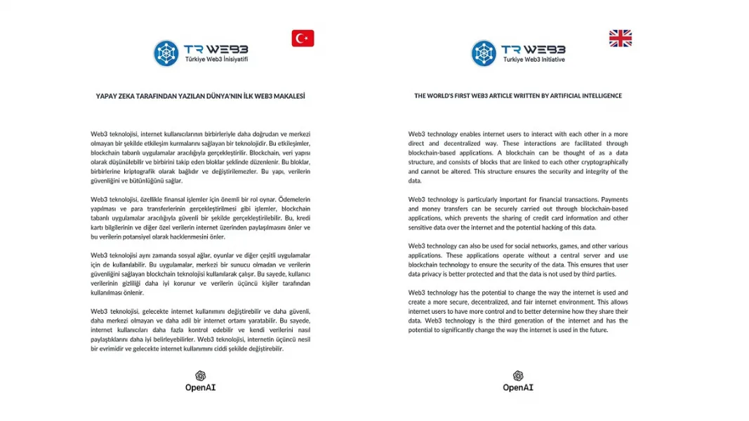 TRWEB3 Yapay Zeka Tarafından Yazılan Dünya'nın İlk Türkçe Web3 Makalesini Yayımladı