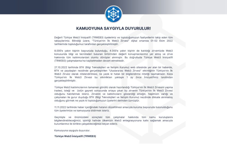 Türkiye Web3 İnisiyatifi 11.11.2022 Kamuoyu Duyurusu